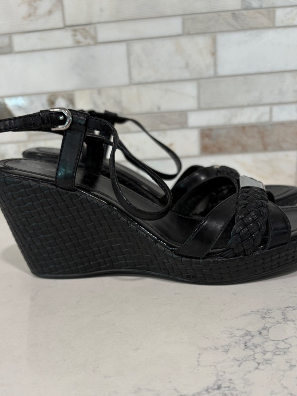 Geox Black Braided Wedge Platform Sandals with Adjustable Ankle Strap Sz 8 or 39